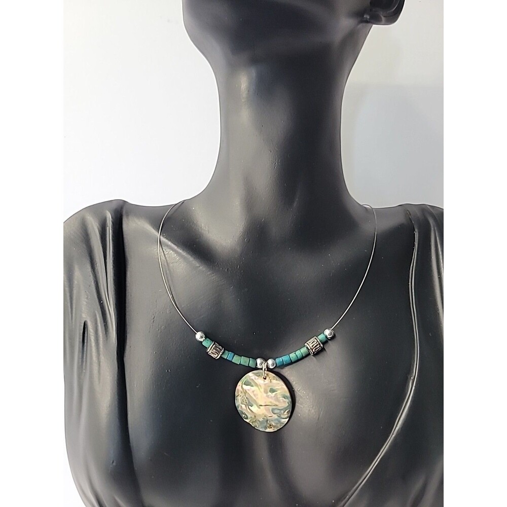 Vintage Abalone Shell Pendant Necklace Blue‎ Green Beads Beach Wire Jewelry